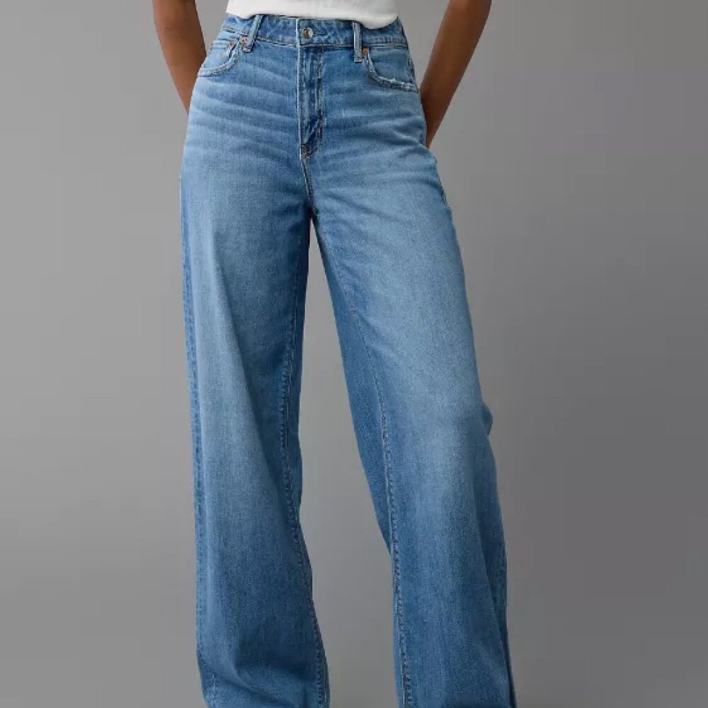 AE Dreamy Drape Stretch Super High-Waisted Baggy Wide-Leg Jean, Size 4
